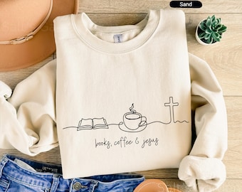 Buch Kaffee Jesus Christliches Sweatshirt, Religiöse Minimalistische Linie Zeichnung Pullover, Glauben Geschenk Frauen Männer Shirt, Kaffee & Buch Liebhaber Geschenk