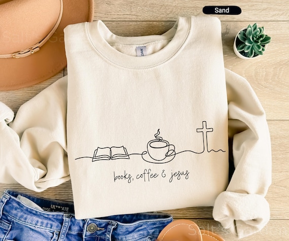 Book Coffee Jesus Christian Sweatshirt, Religious Minimalist Line Drawing Sweater, Faith Gift Women Men Shirt, Coffee & Book Lover Gift