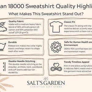 May include: Informational graphic highlighting features of a Gildan 18000 sweatshirt. Text includes "Quality Fabric", "Classic Fit", "Durable", "Safe for Human Health and the Environment", "Double-Needle Stitching", and "Trendy Timeless Appeal". The Salt's Garden Christian Gift Store logo is at the bottom.
