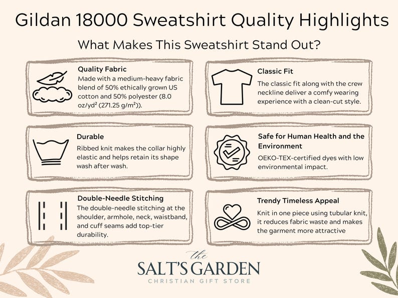 May include: Informational graphic highlighting features of a Gildan 18000 sweatshirt. Text includes "Quality Fabric", "Classic Fit", "Durable", "Safe for Human Health and the Environment", "Double-Needle Stitching", and "Trendy Timeless Appeal". The Salt's Garden Christian Gift Store logo is at the bottom.