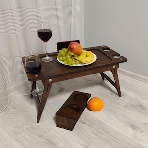 Handgemaakt houten ontbijtblad - opklapbare dienbladtafel voor bed en bank