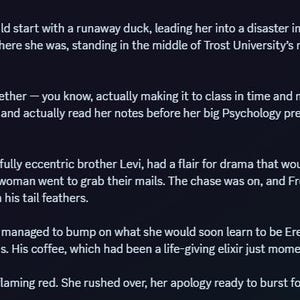 May include: A dark blue image with white text. The text describes a chaotic morning involving a runaway duck named Freddie, coffee, and a psychology presentation. The story unfolds with a woman named Aevi and her pet duck.