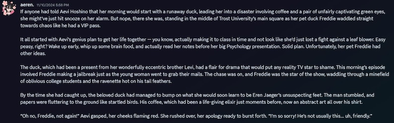 May include: A dark blue image with white text. The text describes a chaotic morning involving a runaway duck named Freddie, coffee, and a psychology presentation. The story unfolds with a woman named Aevi and her pet duck.