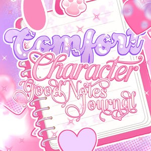 Op de afbeelding: Een roze en paars notitieboek met de woorden "Comfort Character Good Notes Journal" in een decoratief lettertype. Het notitieboek heeft een spiraalbinding en een hart- en pootafdrukontwerp.