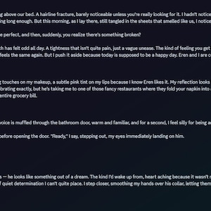 May include: A dark blue digital image with text. The text describes a personal narrative about a couple, their relationship, and a special occasion. The text is written in a casual, conversational style.