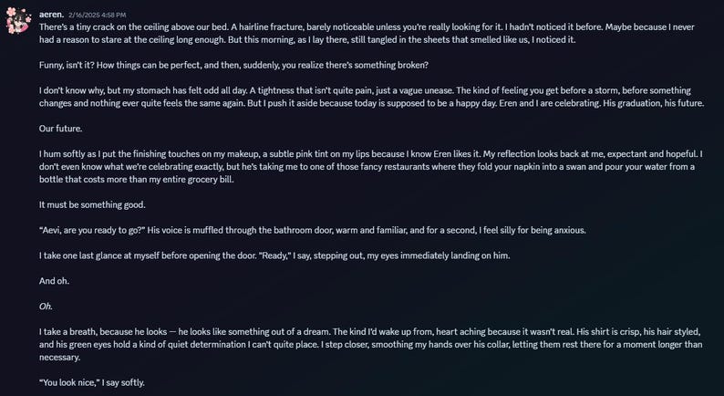 May include: A dark blue digital image with text. The text describes a personal narrative about a couple, their relationship, and a special occasion. The text is written in a casual, conversational style.