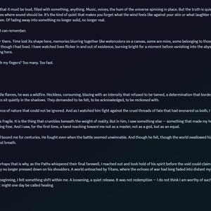 May include: A dark blue image with white text. The text is a poem about eternity, memory, and loss. The poem discusses themes of quiet, forgetting, and the impact of a person named Eren Jaeger.