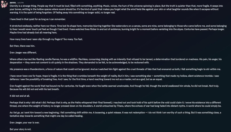 May include: A dark blue image with white text. The text is a poem about eternity, memory, and loss. The poem discusses themes of quiet, forgetting, and the impact of a person named Eren Jaeger.