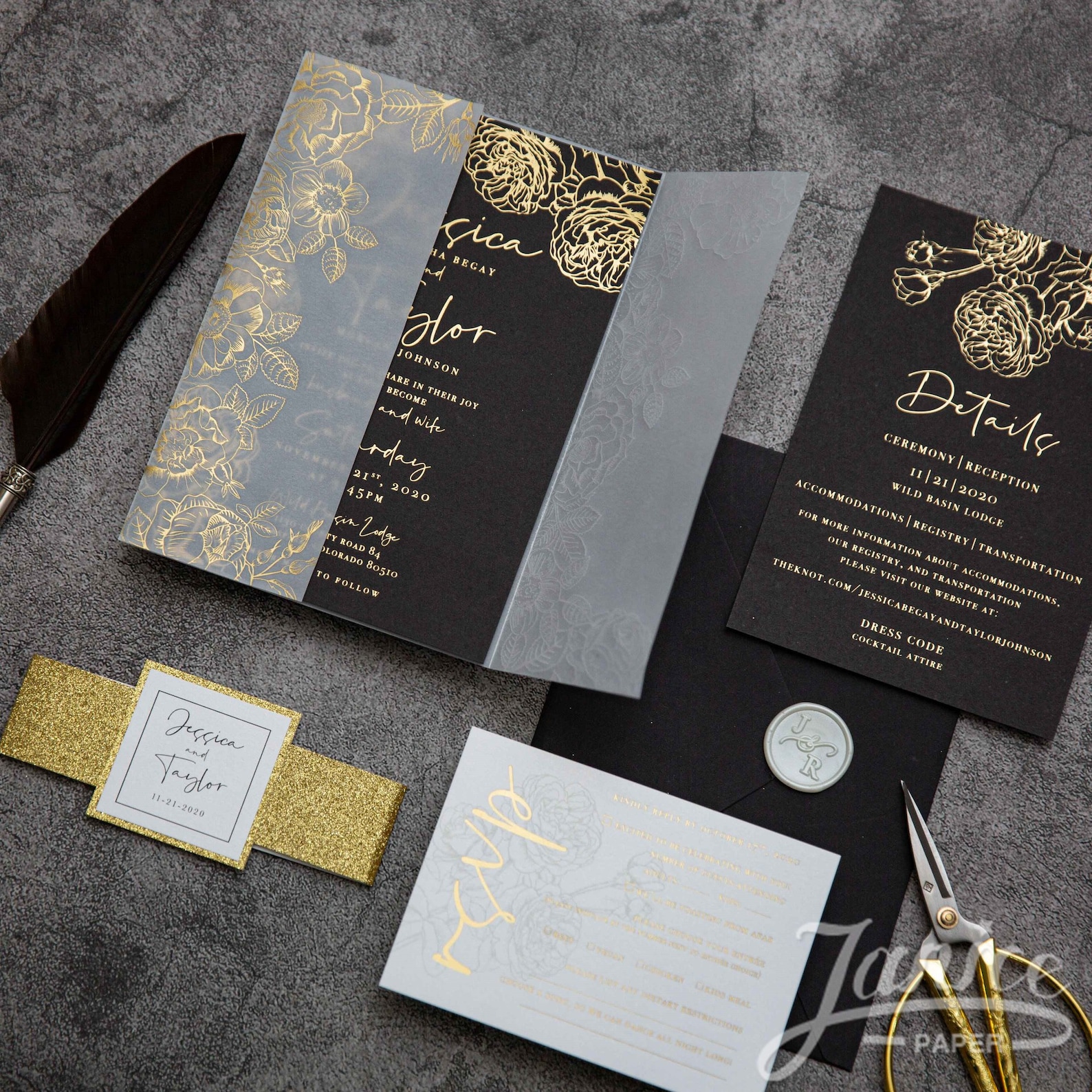 Vellum wrapped foil printed Black Wedding invitations Etsy