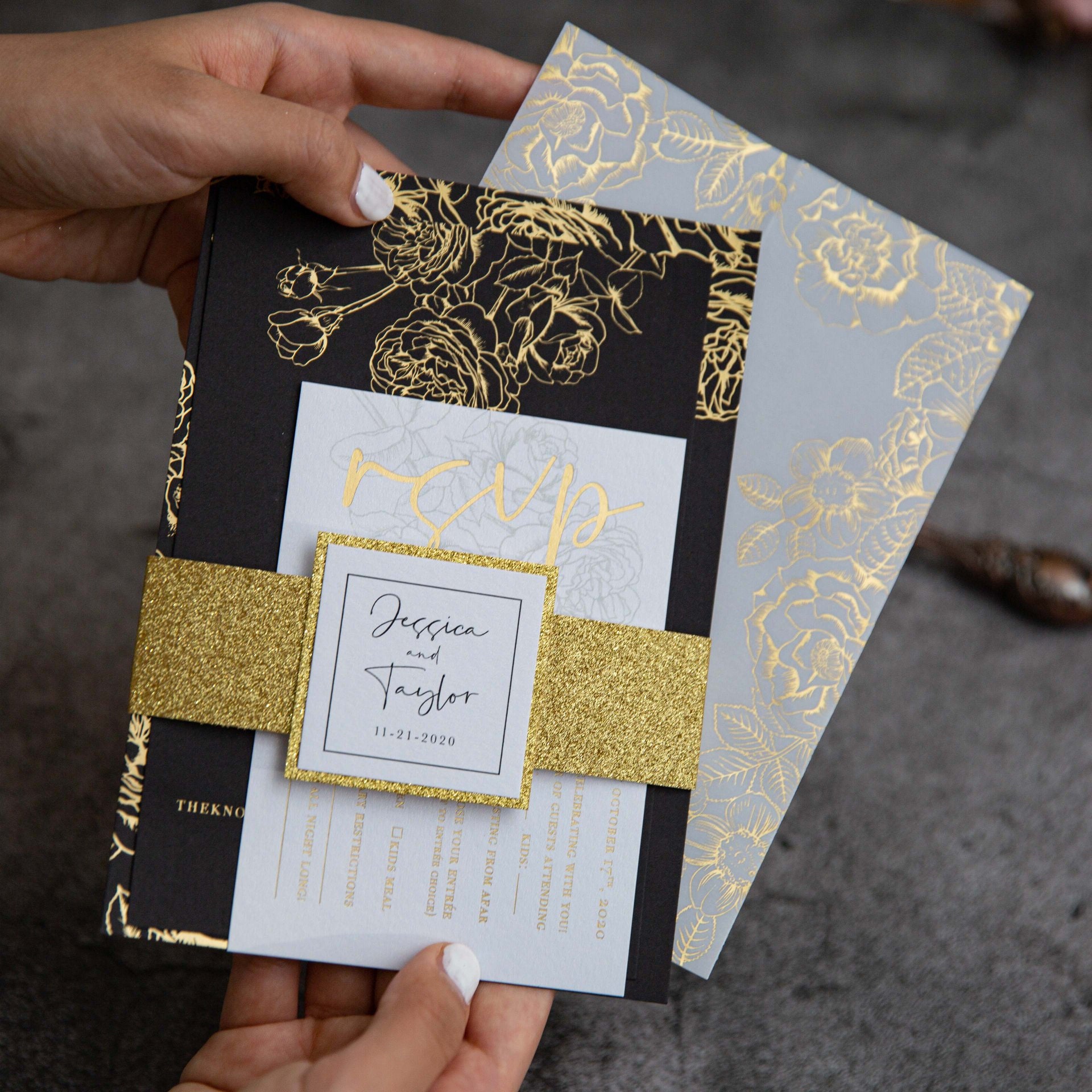 Vellum wrapped foil printed Black Wedding invitations Etsy