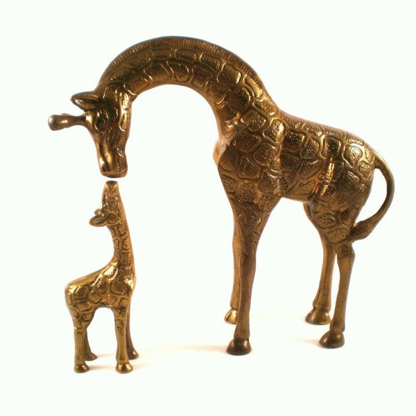 Brass Giraffe Statues, Mother and Baby Giraffe Figurines