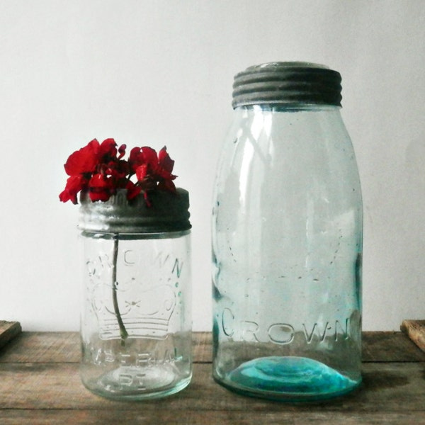 Blue Mason Jars, Pair of Mason Jars, Crown Masons, Imperial Mason, Rustic Decor, Shabby Chic