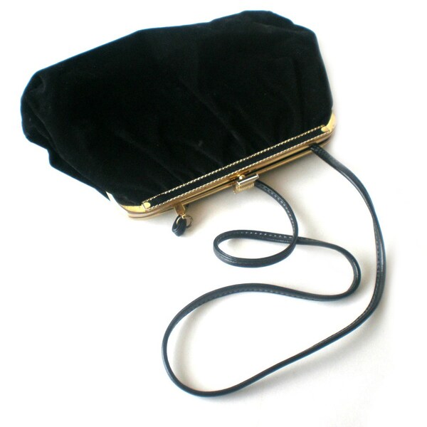 Black Velour Clutch, Vintage Clutch Purse, 80s Purse, Black and Gold, Retro Fashion