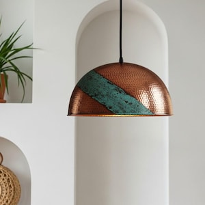 Handmade Hammered Copper Pendant Light: Blue Patina Moroccan Chandelier