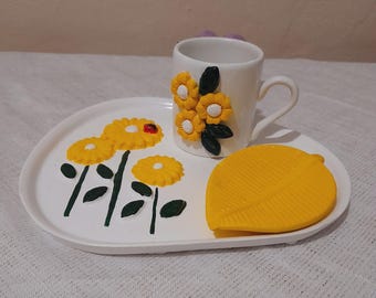 Hand-Painted Sunflower Turkish Coffee Set - Ceramic Cup and Saucer with Floral Design (3 Pieces)