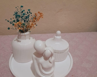 Hand-Painted Modern Decorative Set - Abstract Figure, Vase, Lidded Bowl on Tray (4 Pieces)