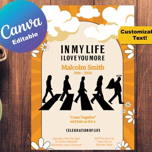Convite para festa memorial com tema dos Beatles editável, celebração da vida, recepção de funeral, cartão de convite, modelo personalizável do Canva na minha vida