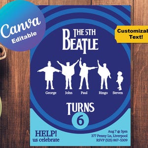 Carte d'invitation de fête d'anniversaire pour enfants sur le thème des Beatles modifiable Invitation bleue Modèle personnalisable sur toile d'invitation Nom personnalisé des 5e Beatles