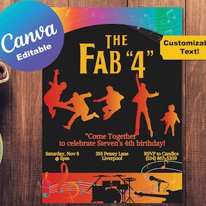 Thème des Beatles modifiable Four, Fab 4 Boy, fête d'anniversaire, carte d'invitation, modèle de toile personnalisable, invitation amour, nom personnalisé