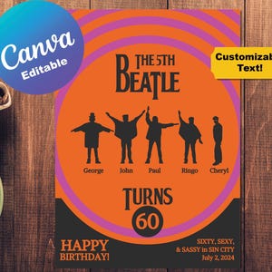 Convite para festa de aniversário com tema dos Beatles editável, cartão de convite, convite de ajuda, modelo Canva personalizável, aposentadoria, nome personalizado, 5º Beatle