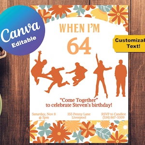 Editierbare Beatles Thema Geburtstag Ruhestand Party Laden Karte Einladung Anpassbares Alter Canva Vorlage Einladung wenn ich 64 bin druckbar