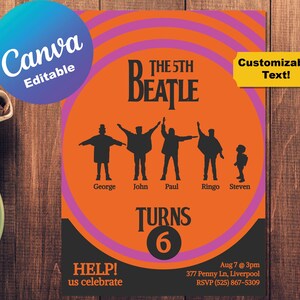 Convite para festa de aniversário infantil com tema dos Beatles editável Ajuda Convite Modelo Canva Convite Personalizável Nome Personalizado Imprimível