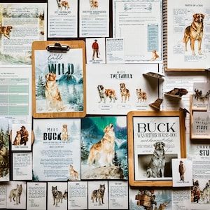May include: A collection of vintage-style dog-themed illustrations and ephemera. Includes a clipboard with "The Call of the Wild" artwork, character study cards, and a framed print of a dog with the text "Buck was neither house-dog nor kennel dog."