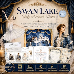 May include: A complete Swan Lake study and puppet theater set. The image features a ballerina, a prince, and various study materials. The set includes study guides, narration pages, ballet vocabulary, and composer study materials. Ages 8-14+.