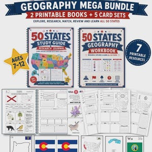 Op de afbeelding: Een 50 States Geography Mega Bundle met twee spiraalgebonden printbare boeken getiteld 50 States Study Guide & Research Journal en 50 States Geography Workbook, vijf kaartensets en diverse activiteitenbladen met kaarten, vlaggen en staatssymbolen.