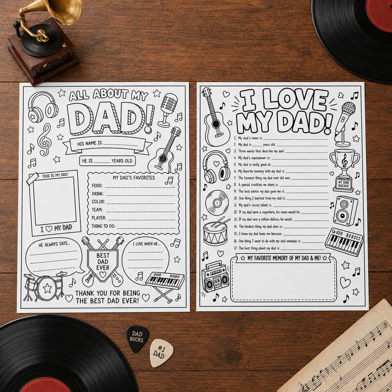Music Dad Father's Day Printable Gift Coloring Pages Certificate…