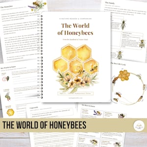 Peut inclure: Un cahier intitulé "The World of Honeybees" avec une illustration d'abeilles et de rayons de miel. Des pages supplémentaires présentent le cycle de vie des abeilles, des faits et du vocabulaire. Le cahier est pour les enfants de 5 à 14 ans.