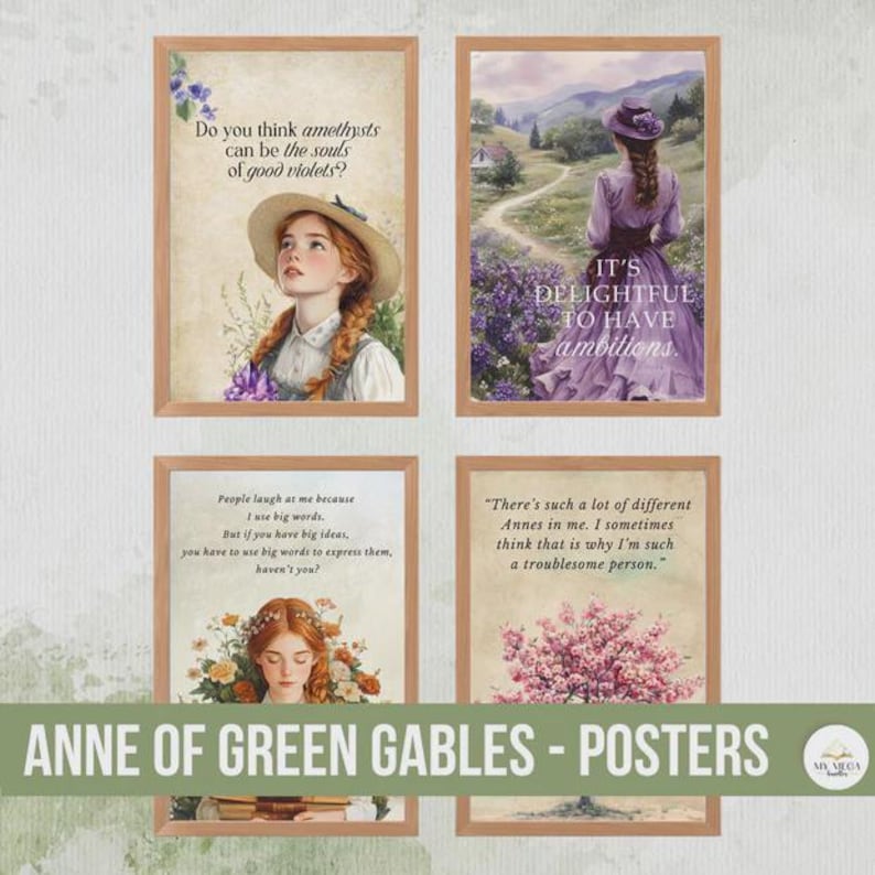 May include: Set of four framed Anne of Green Gables posters. Each poster features quotes and illustrations from the book. The posters have a vintage aesthetic with soft colors and a classic literary theme.