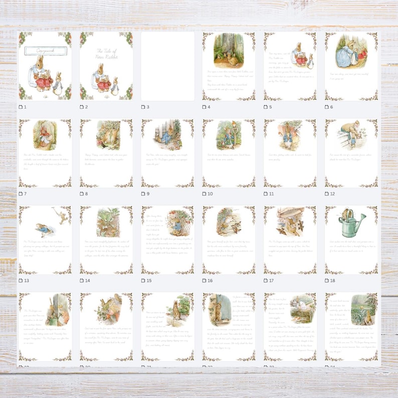 Pu&ograve; includere: Una collezione di carte illustrate con scene tratte da "The Tale of Peter Rabbit". Ogni carta ha un bordo decorativo e include testo e illustrazioni ad acquerello di conigli e altre creature del bosco. Le carte sono disposte in una griglia.