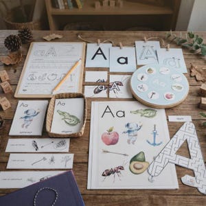 May include: A collection of educational materials for the letter A, including a wooden tracing board with a pencil, flashcards featuring an astronaut, alligator, and ant, a circular wooden disc with illustrations, and a large letter A maze worksheet.