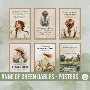 May include: Set of six framed Anne of Green Gables posters. Each poster features illustrations of women, quotes, and nature scenes. The posters are in a vintage style with a neutral color palette, perfect for home decor.