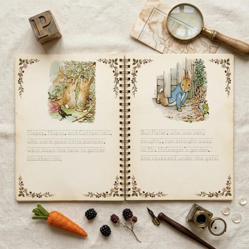Pu&ograve; includere: Libro aperto con illustrazioni e testo di una storia per bambini. La pagina sinistra mostra conigli che raccolgono more, e la pagina destra raffigura un coniglio che si infila sotto un cancello. Una carota di feltro e more sono sul tavolo.