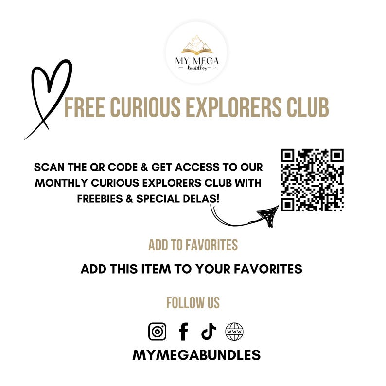 May include: White graphic with the text "FREE CURIOUS EXPLORERS CLUB" and a QR code. Includes the text "SCAN THE QR CODE & GET ACCESS TO OUR MONTHLY CURIOUS EXPLORERS CLUB WITH FREEBIES & SPECIAL DELAS!" and social media icons.