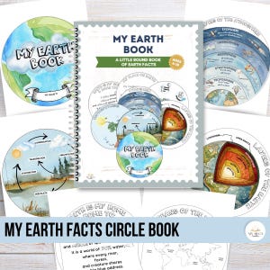Op de afbeelding: Een spiraalgebonden "My Earth Book" met een groene banner en de tekst "A Little Round Book of Earth Facts" en "Ages 4-10". Het boek is omgeven door cirkelvormige illustraties van de aarde, de atmosfeer en de watercyclus. De titel "My Earth Facts Circle Book" staat onderaan.