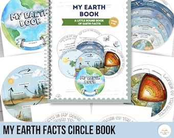May include: A spiral-bound "My Earth Book" with a green banner and the text "A Little Round Book of Earth Facts" and "Ages 4-10". The book is surrounded by circular illustrations of the Earth, the atmosphere, and the water cycle. The title "My Earth Facts Circle Book" is at the bottom.