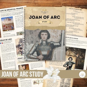 May include: A study guide for learning about Joan of Arc, a French heroine. The guide includes a timeline of her life, a description of her vision, and a portrait of her in armor. The cover features a white lily flower.