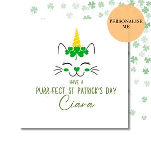 Lá Fhéile Pádraig do chefe | Cartão do Dia de São Patrício da criança | Cartões de língua irlandesa e inglesa | Design de unicórnio de gato | Personalizável | Personalizado