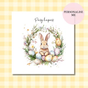 Cerdyn Pasg personnel | Carte de Pâques galloise personnalisée | Conception mignonne de guirlande de fleurs de lapin | Conception d'oeufs de Pâques | Aquarelle | Personnalisé