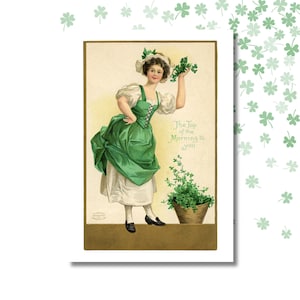 Originele vintage St. Patrick's Day-kaart | Iers Colleen Design | Top van de ochtend | Retro klaverontwerp