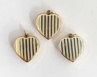 Vintage 70s 80s Sliding Lockets Hearts with Stripes Gold Color Pendants NOS Jewelry