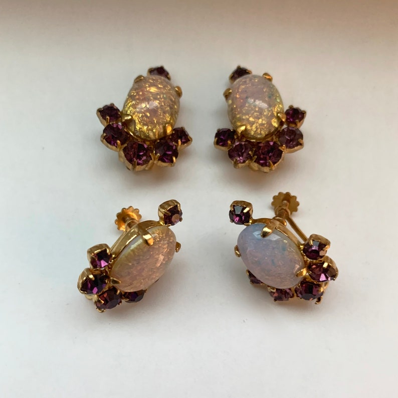 Pair of Vintage 1950s Faux Pink Opal with Purple Rhinestones Earrings Aurora Borealis NOS Jewelry