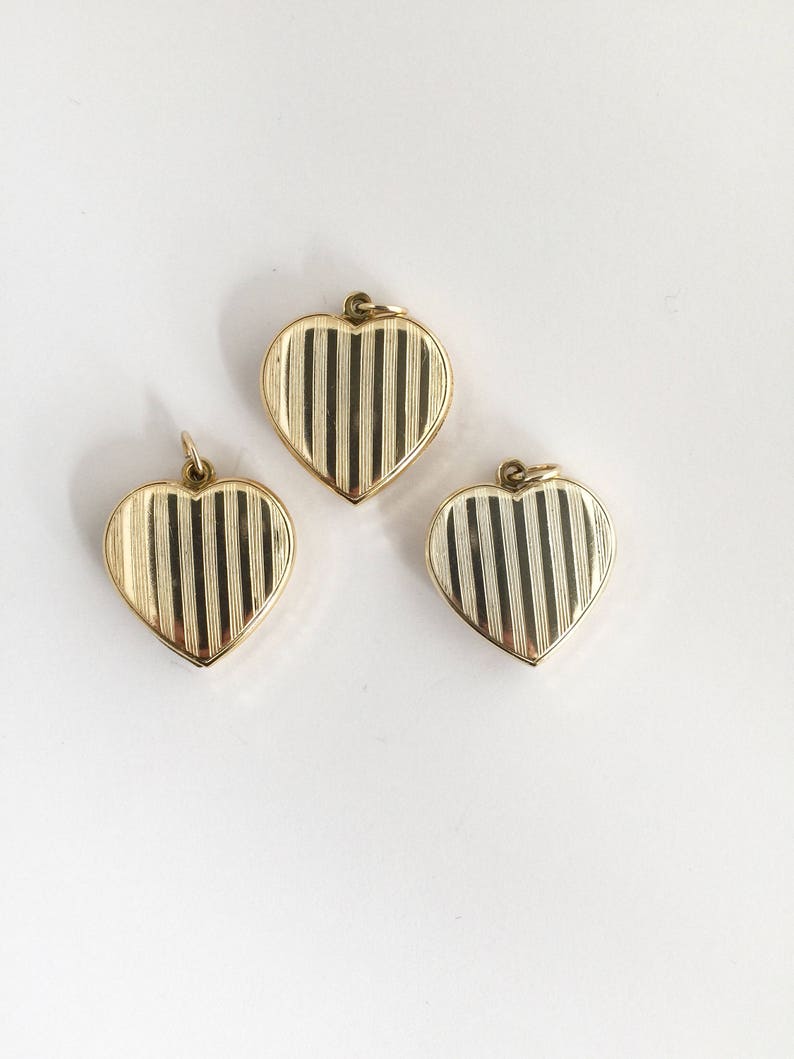 Vintage 70s 80s Sliding Lockets Hearts with Stripes Gold Color Pendants NOS Jewelry
