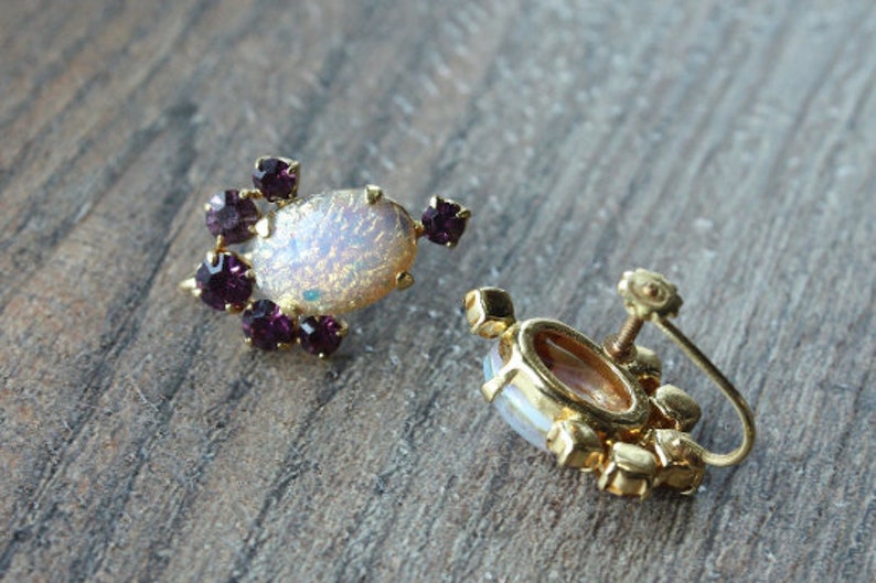 Pair of Vintage 1950s Faux Pink Opal with Purple Rhinestones Earrings Aurora Borealis NOS Jewelry