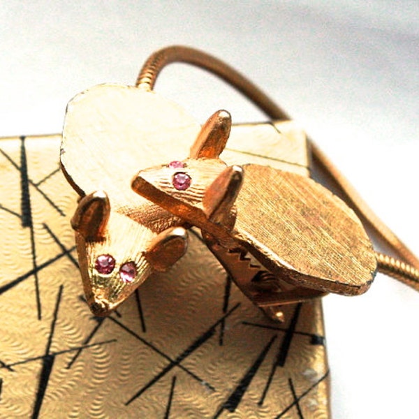 RARE Vintage 1950s Sweater Clip // 40s 50s Brass Mice with Pink Rhinestone Eyes // NOS Novelty Jewelry