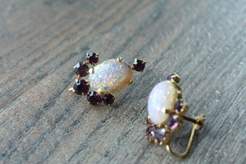 Pair of Vintage 1950s Faux Pink Opal with Purple Rhinestones Earrings Aurora Borealis NOS Jewelry