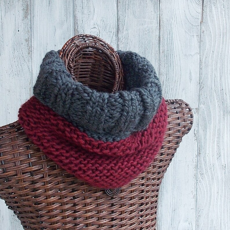 SALE Cowl Knitted in Grey and Maroon With Ribbed Top Fashion - Etsy